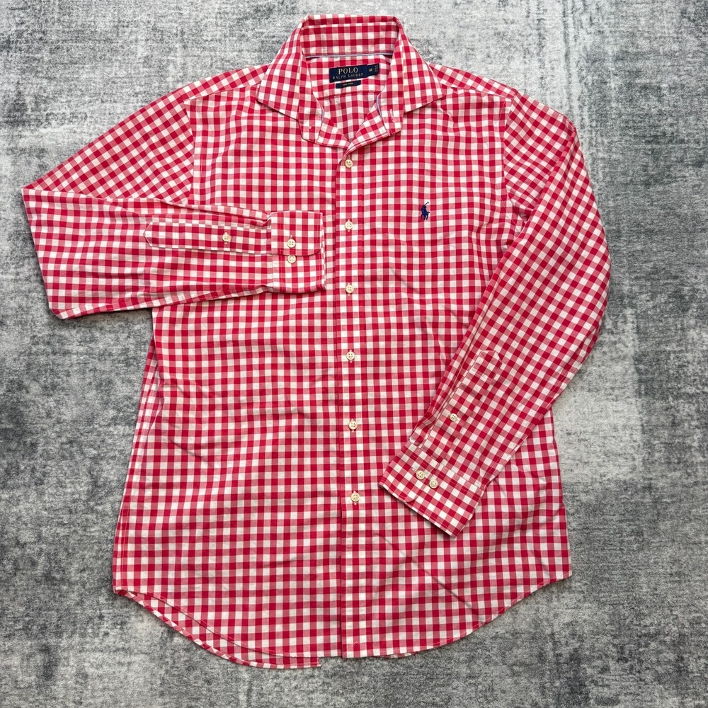 Polo Ralph Lauren Shirt Mens Medium Red White Gingham Check Non Iron Poplin READ - Picture 2 of 11